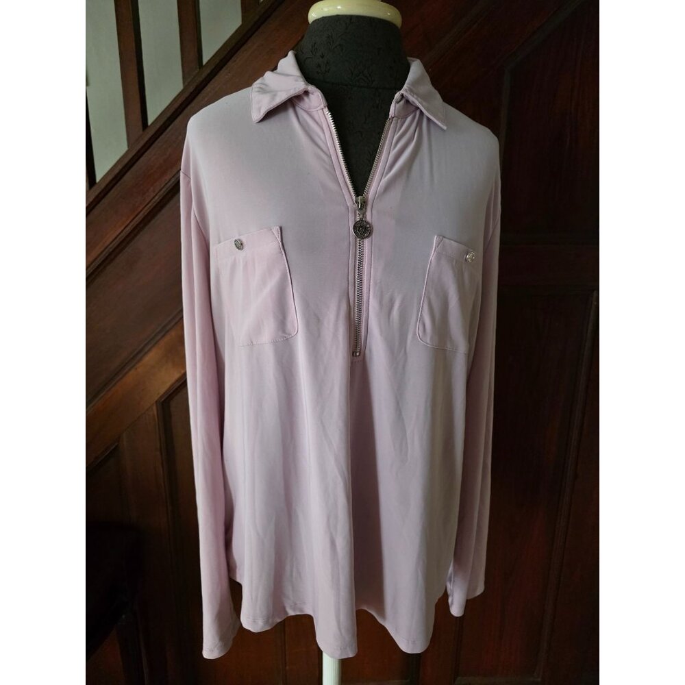 Anne Klein Womens Long Sleeve Pink Blouse With Pockets & Zip Collar xl